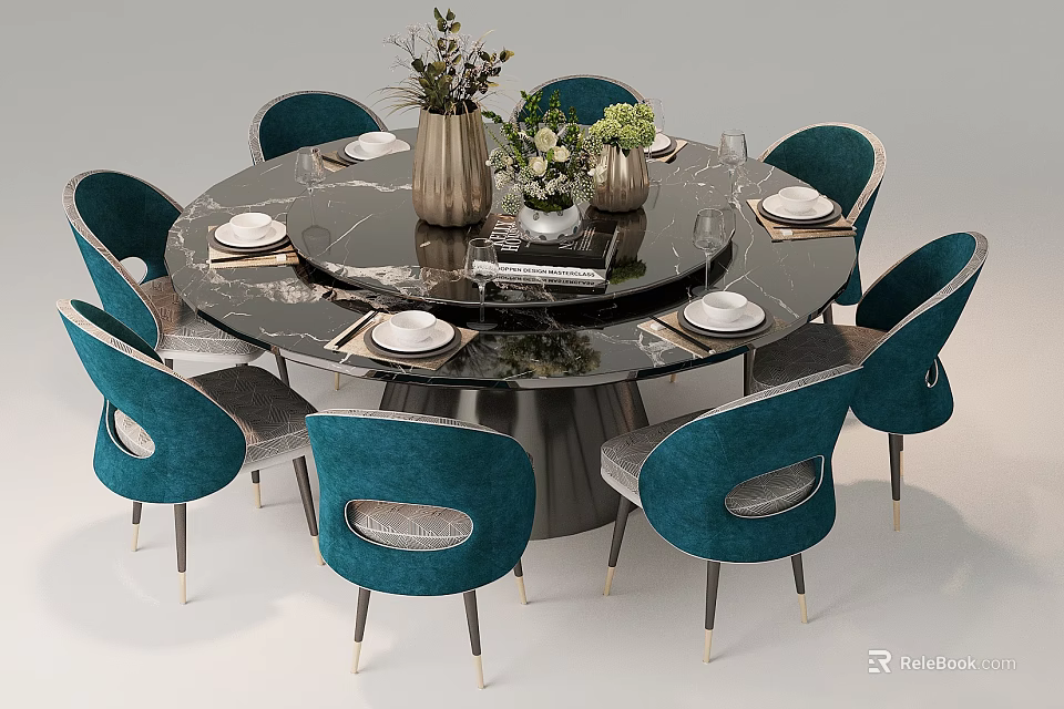 Round Dining Table And Teal Chairs Set With Marble Tabletop Decorative Vases 3d model 
