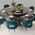 Round Dining Table And Teal Chairs Set With Marble Tabletop Decorative Vases 3d model