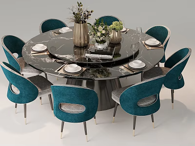 Round Dining Table And Teal Chairs Set With Marble Tabletop Decorative Vases 3d model