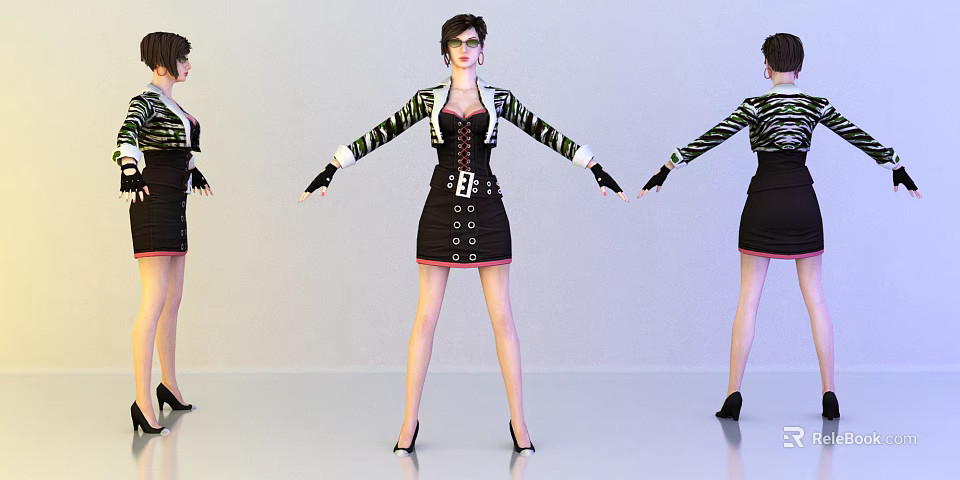 Woman Posing in Striped Knitted Jacket Black Corset and Short Skirt with High Heels 3d model 