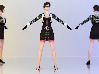 Woman Posing in Striped Knitted Jacket Black Corset and Short Skirt with High Heels 3d model