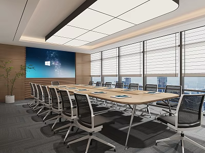 Modern Conference Room Interior With Long Wooden Table Ergonomic Chairs Large Projection Screen And Windows 3d model