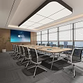 Modern Conference Room Interior With Long Wooden Table Ergonomic Chairs Large Projection Screen And Windows