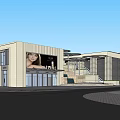 Modern Commercial Street Building With White Grey Facade Large Glass Windows And Sunshade Structure