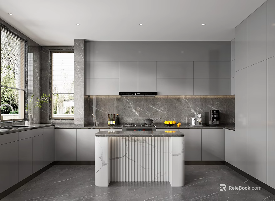 Modern Kitchen Interior Design With Gray Cabinets Marble Island Countertops And Windows 3d model 