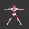 Game And Movie Character In Red And Silver Armor With Outstretched Arms Heroic Warrior