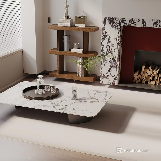 Modern Sofa and Coffee Table Set with Marble Top Shelf and Fireplace 3d model 