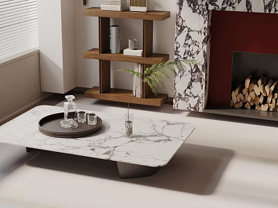 Modern Sofa and Coffee Table Set with Marble Top Shelf and Fireplace 3d model