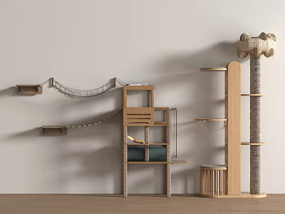 Cat Tree With Wall Mounted Shelves Rope Bridge Wooden Platforms And Scratching Post 3d model