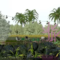 Tropical Garden Landscape with Palm Trees String Lights Pink Leaf Sculpture and Lush Green Plants