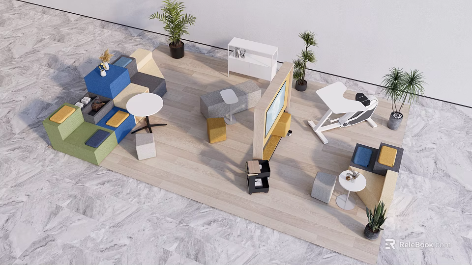 Modern Public Office Area With Colorful Furniture Round Tables And Potted Plants 3d model 