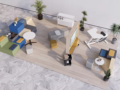 Modern Public Office Area With Colorful Furniture Round Tables And Potted Plants 3d model