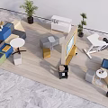 Modern Public Office Area With Colorful Furniture Round Tables And Potted Plants