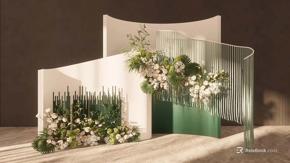 Elegant Event Decoration With Curved White Green Structures And Floral Arrangements 3d model 