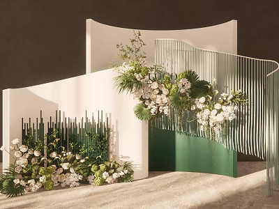 Elegant Event Decoration With Curved White Green Structures And Floral Arrangements 3d model
