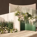 Elegant Event Decoration With Curved White Green Structures And Floral Arrangements