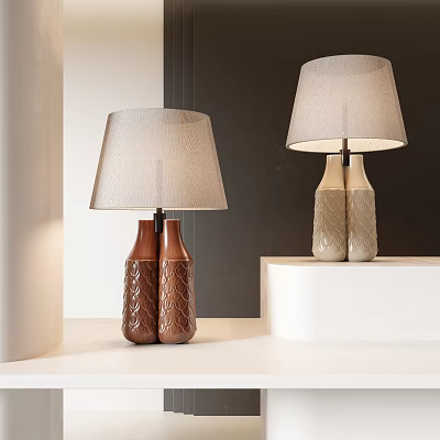 Modern Table Lamps With Brown Woven Beige Textured Bases Light Colored Shades On White Surfaces 3d model