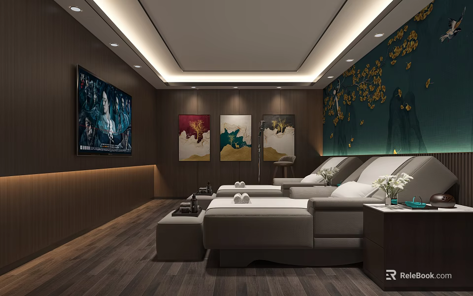 SPA Sauna Modern Interior Design Featuring Comfortable Massage Beds Decorative Paintings And Soft Lighting 3d model 