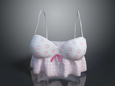 White Spaghetti Strap Top With Pink Floral Patterns And Ruffled Hem Design 3d model
