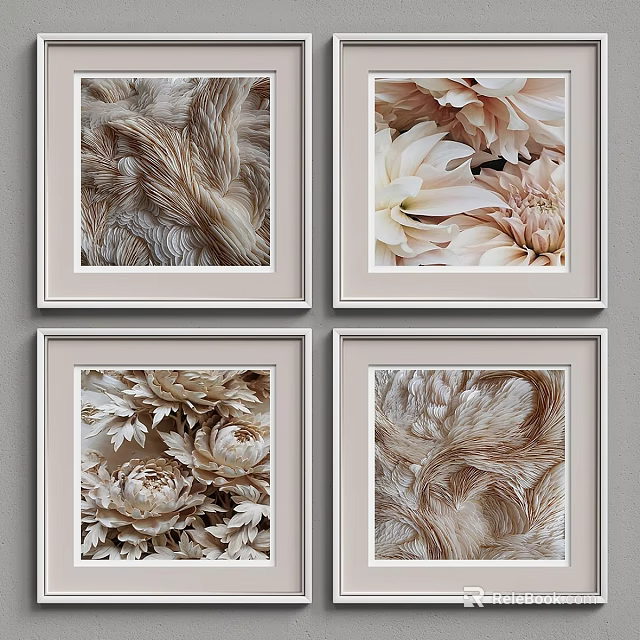 Four Decorative Frames With Feather And Flower Textures In Soft Neutral Tones 3d model