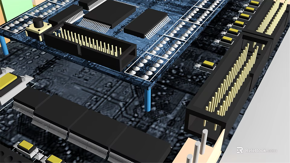 Detailed Circuit Board With Integrated Chips And Connector Pins Structure 3d model