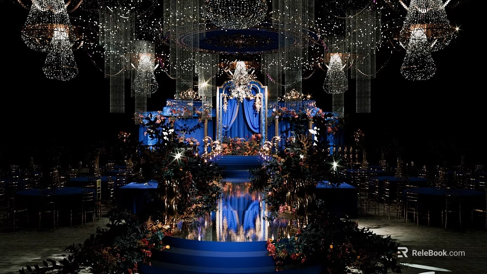 Luxurious Banquet Hall With Blue Stage Crystal Chandeliers Floral Decorations Elegant Lighting And Floor Reflections 3d model 