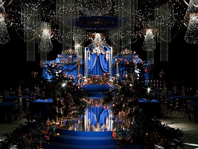 Luxurious Banquet Hall With Blue Stage Crystal Chandeliers Floral Decorations Elegant Lighting And Floor Reflections 3d model