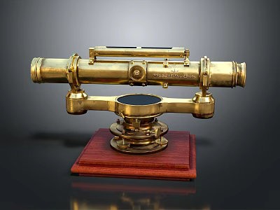 Vintage Decorative Brass Telescope on Red Wooden Stand with Detailed Structure 3d model
