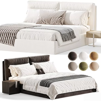Upholstered Double Bed With Soft Headboard Pillowcases Blankets Nightstand And Multiple Color Options 3d model