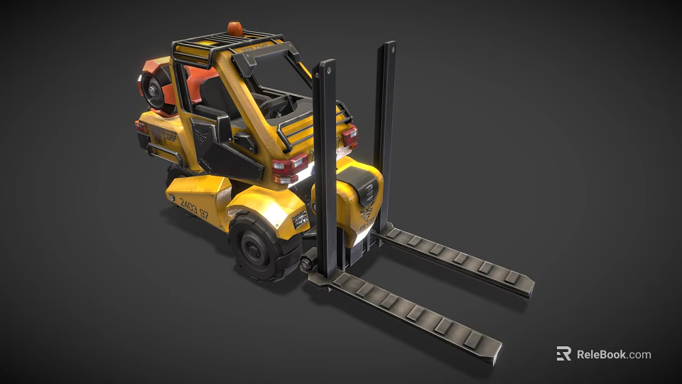 Yellow Forklift With Black Forks And Orange Warning Light On Top Cabin Design 3d model 