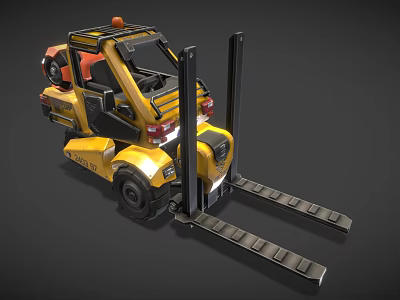 Yellow Forklift With Black Forks And Orange Warning Light On Top Cabin Design 3d model