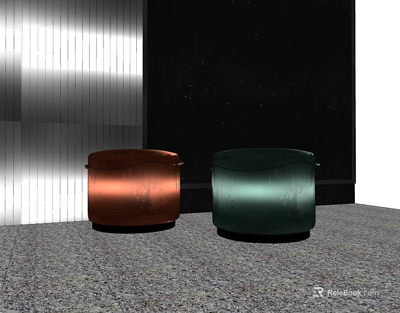 Sleek Modern Copper And Green Sofa Stools On Gray Carpet Against Dark Backdrop 3d model 