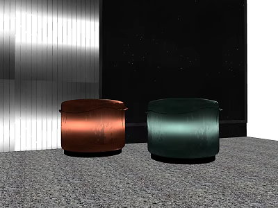Sleek Modern Copper And Green Sofa Stools On Gray Carpet Against Dark Backdrop 3d model