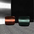 Sleek Modern Copper And Green Sofa Stools On Gray Carpet Against Dark Backdrop