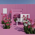 Floral Installation with Pink Vertical Wall Floor White Bench Display Cabinet and Pink White Tulips