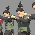 Game Anime Character With Green Vest Black Pants And Ponytail In Multiple Action Poses