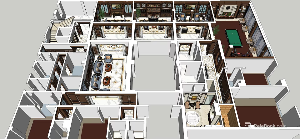Birds Eye View Of Interior Floor Plan With Multiple Rooms Furniture And Decorative Elements 3d model 