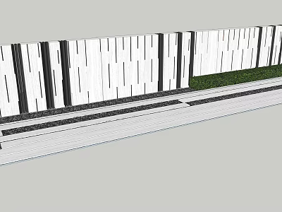 Modern Building Exterior Wall With Vertical Black White Stripes Bottom Dark Lines And Adjacent Grass 3d model