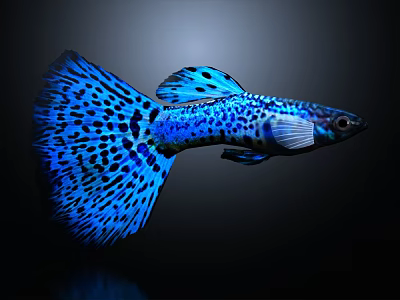Vibrant Blue Spotted Guppy Fish With Striking Fins In Black Background 3d model