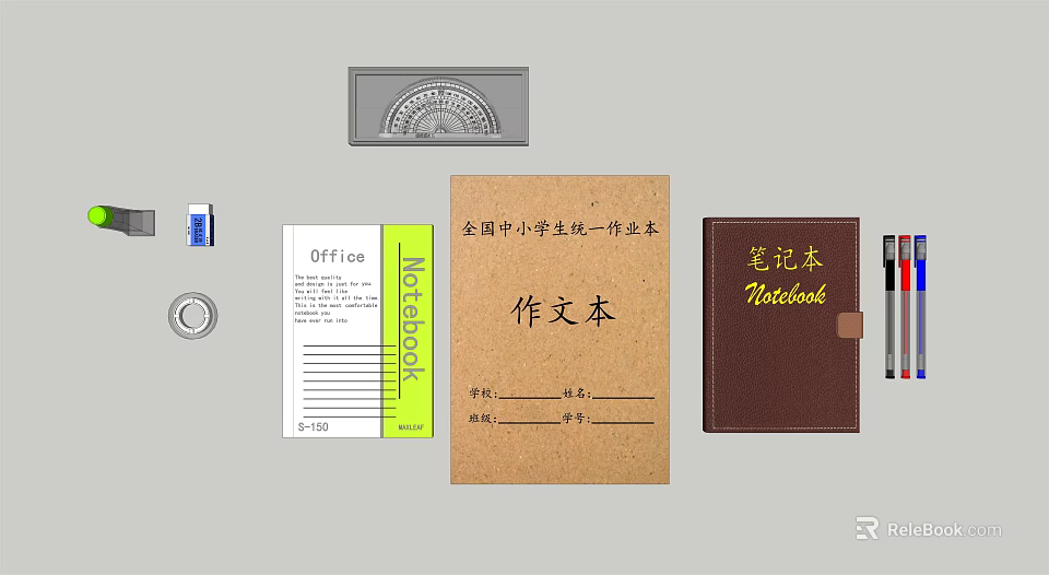 Student Stationery Collection With Unified Exercise Books Composition Notebooks Ruler Eraser And Pen 3d model 