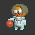 Doll With Gray Hair Yellow Face Big Eyes Red Cheeks In White Spacesuit Holding Basketball