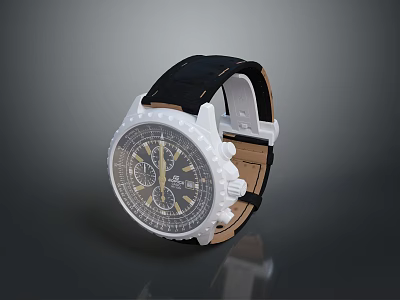 Stylish Black Leather Strap Watch With White Dial And Gold Chronograph Accents 3d model