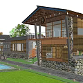 Rural Traditional Guesthouse Architecture with Wooden Balcony Stone Walls and Courtyard Water Wheel