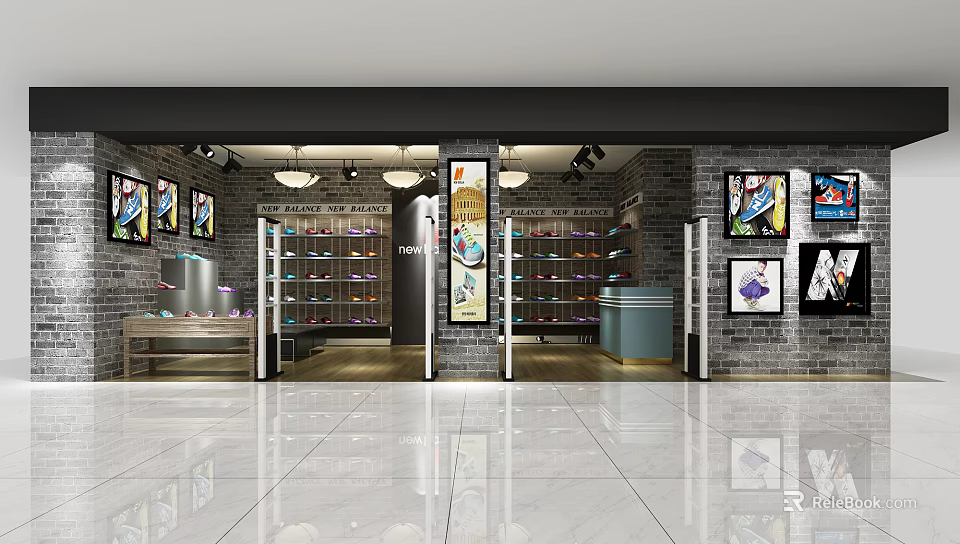 Modern Footwear Retail Store Interior With Shelves Display Posters And Lighting Fixtures 3d model 