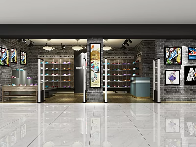 Modern Footwear Retail Store Interior With Shelves Display Posters And Lighting Fixtures 3d model