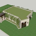 Modern Detached Villa With White Exterior Wooden Grilles And Bamboo Plants On Green Lawn