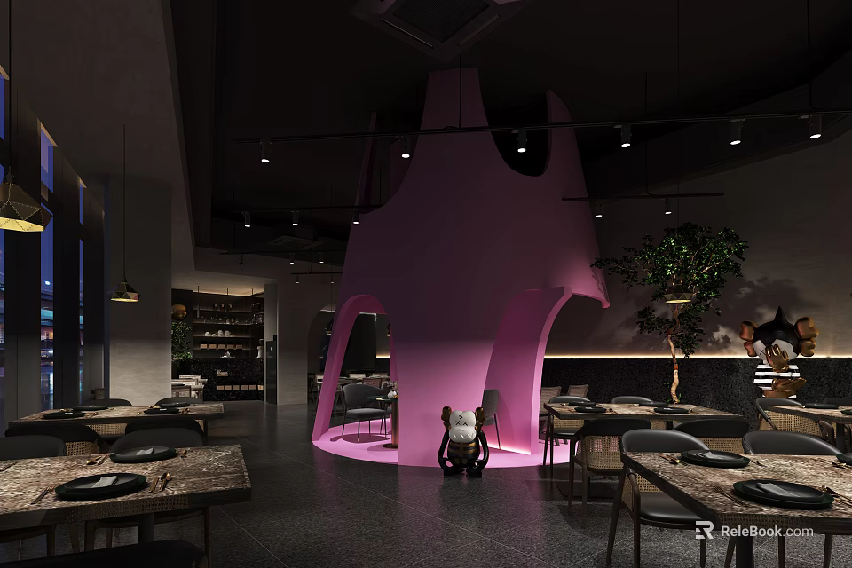 Modern Restaurant Interior Design With Dark Ceiling Pink Decorative Structure Dining Tables And Plants 3d model