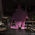Modern Restaurant Interior Design With Dark Ceiling Pink Decorative Structure Dining Tables And Plants 3d model