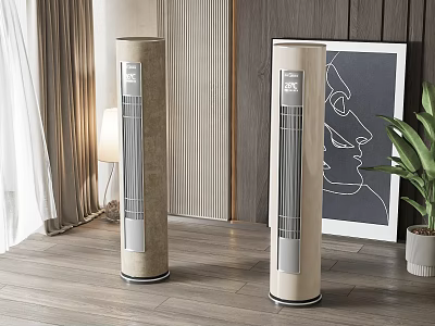 Modern Vertical Air Conditioner Fans In Home Interior With Cylindrical Design And Decorative Elements 3d model