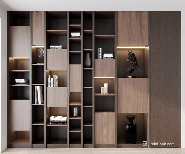 Modern Bookcase Interior Design With Wooden Open Shelves And Decorative Display Storage 3d model 